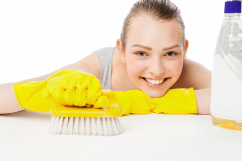 Trained carpet cleaner using protective equipment during a cleaning service