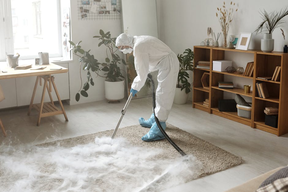 A person using a long-handled floor brush to clean a dark carpeted area in a dimly lit room, with a large projector screen on the wall behind them. The individual is dressed in casual clothing and app